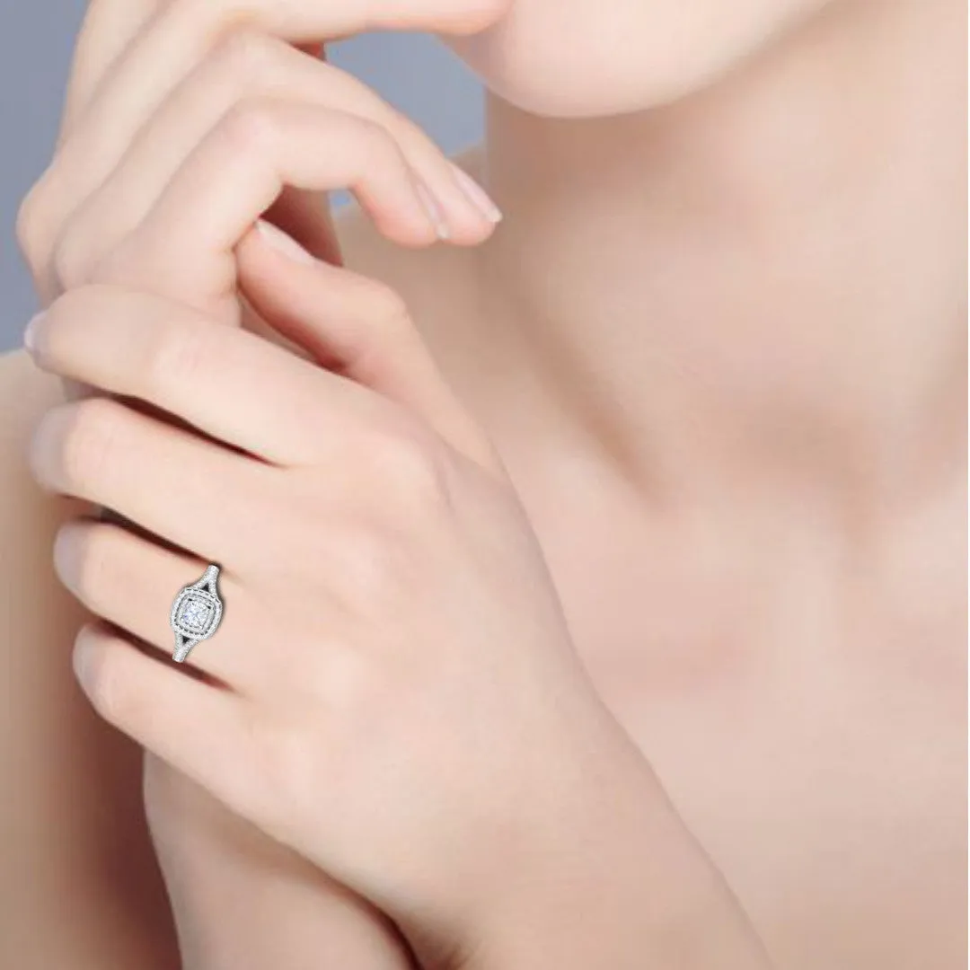 0.50 cts. Cushion Solitaire Double Halo Split Shank Platinum Ring JL PT RH CU 179