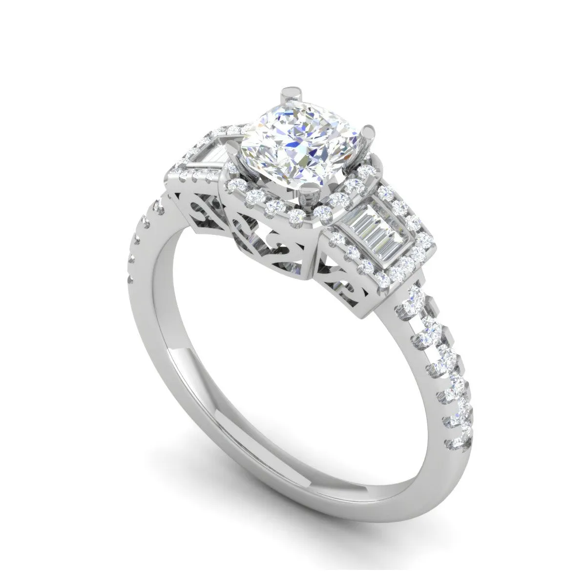0.50cts. Cushion Solitaire with Emerald Cut Diamond Platinum Ring JL PT R3 CU 175