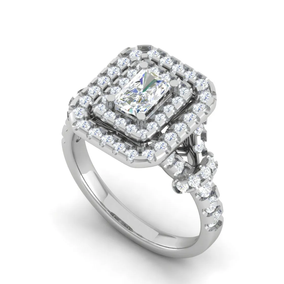 0.50cts. Emerald Cut Solitaire Double Halo Diamond Shank Platinum Ring JL PT WB6009E