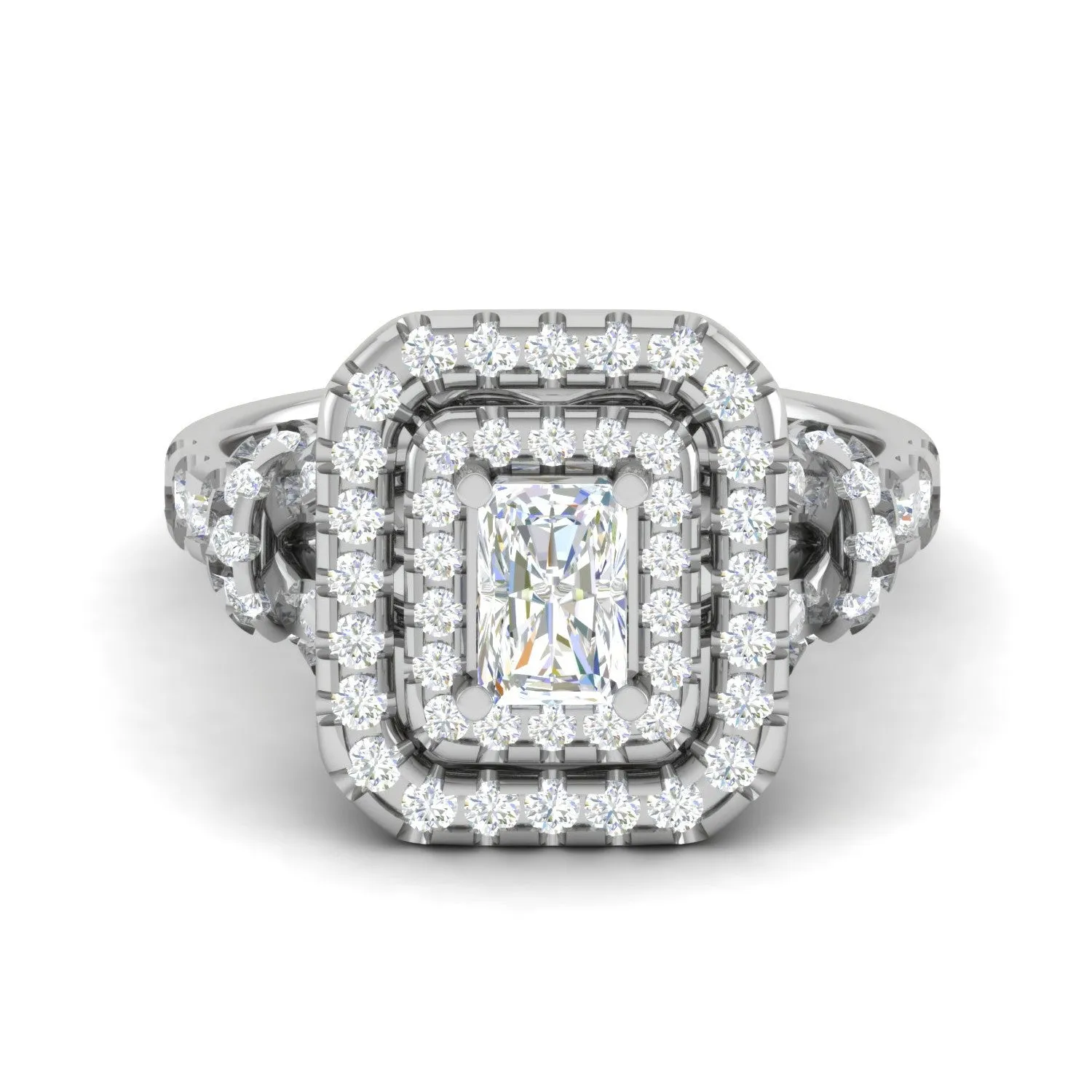 0.50cts. Emerald Cut Solitaire Double Halo Diamond Shank Platinum Ring JL PT WB6009E