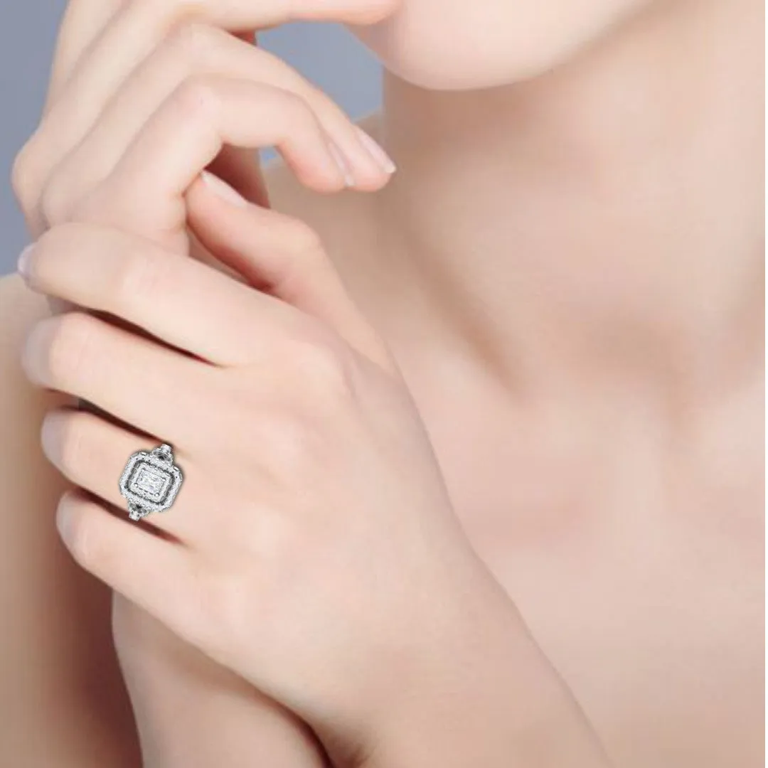 0.50cts. Emerald Cut Solitaire Double Halo Diamond Shank Platinum Ring JL PT WB6009E
