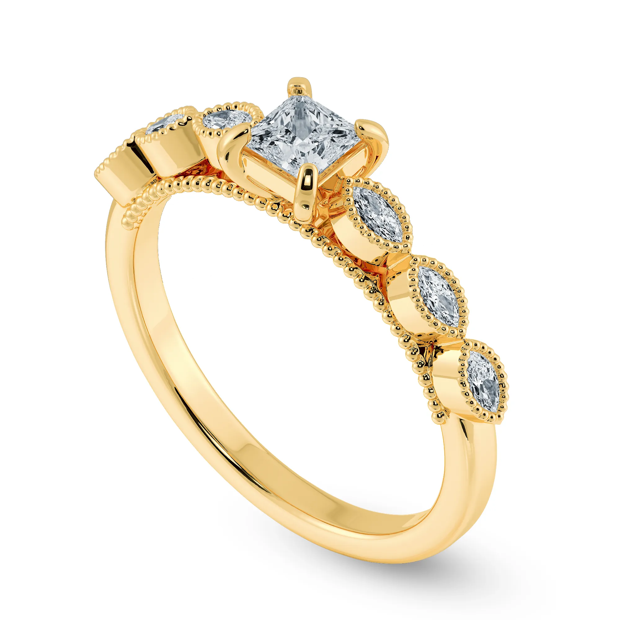 0.50cts. Princess Cut Solitaire with Marquise Cut Diamond Accents 18K Yellow Gold Ring JL AU 2012Y-A