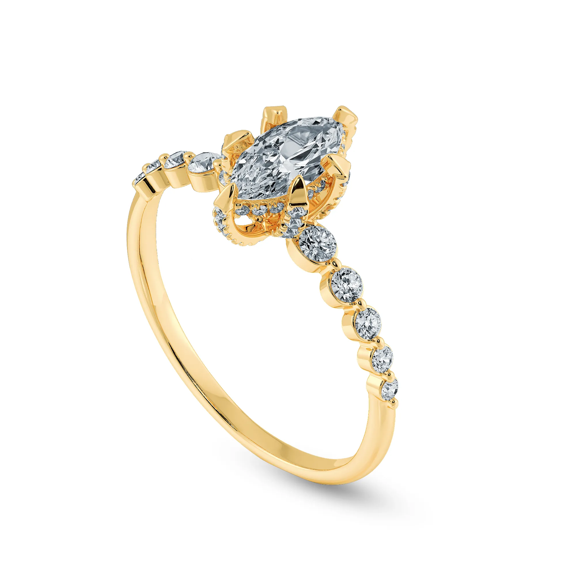 0.70ts. Marquise Cut Solitaire Halo Diamond Accents 18K Yellow Gold Ring JL AU 2010Y-B