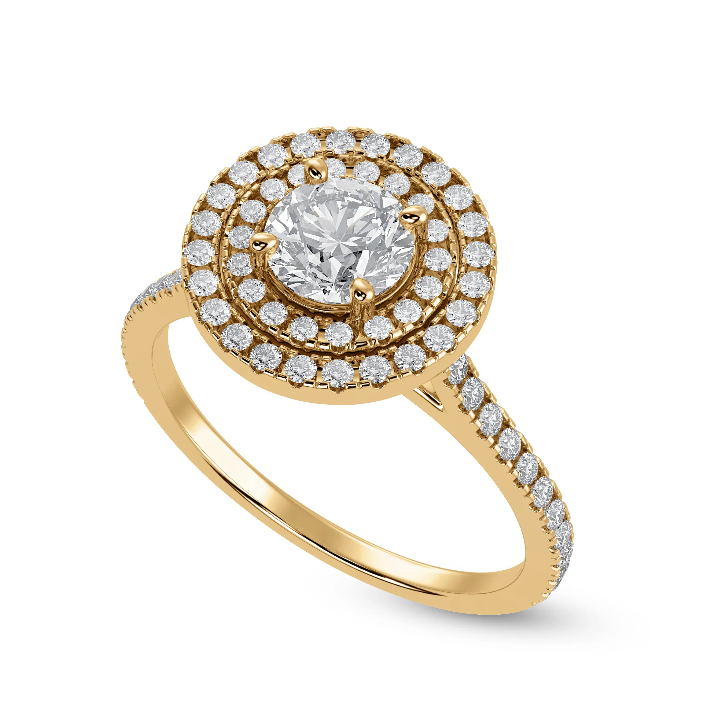 1-Carat Solitaire Double Halo Diamond Shank 18K Yellow Gold Ring JL AU 1302Y-C