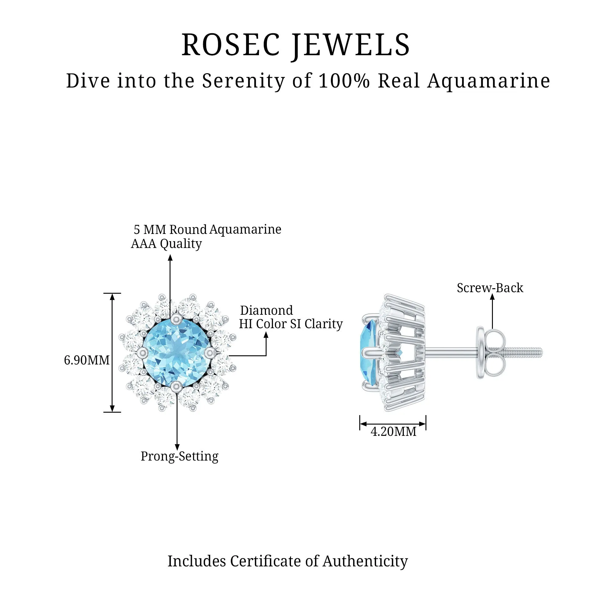 1 CT Aquamarine and Diamond Halo Stud Earrings
