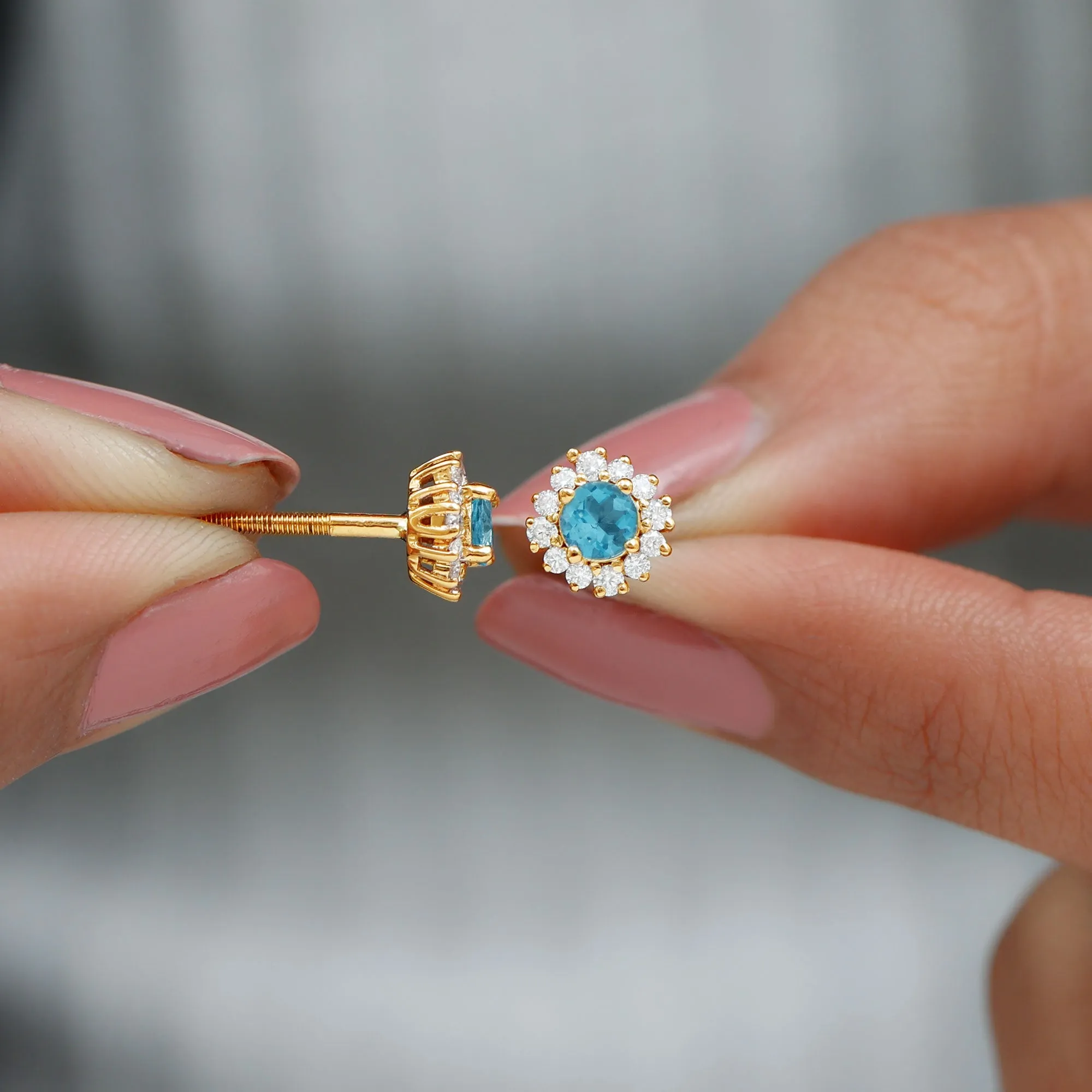 1 CT Aquamarine and Diamond Halo Stud Earrings