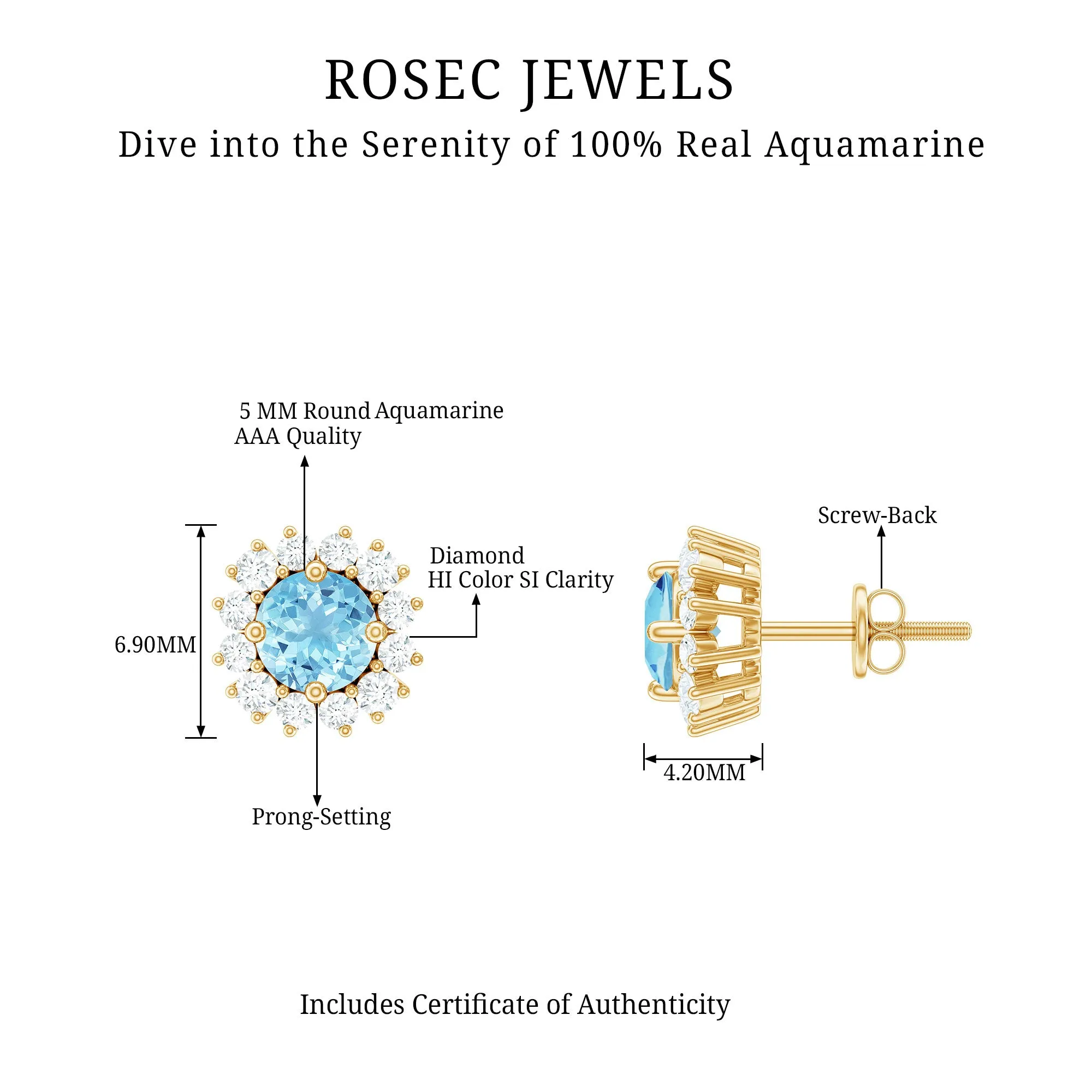 1 CT Aquamarine and Diamond Halo Stud Earrings