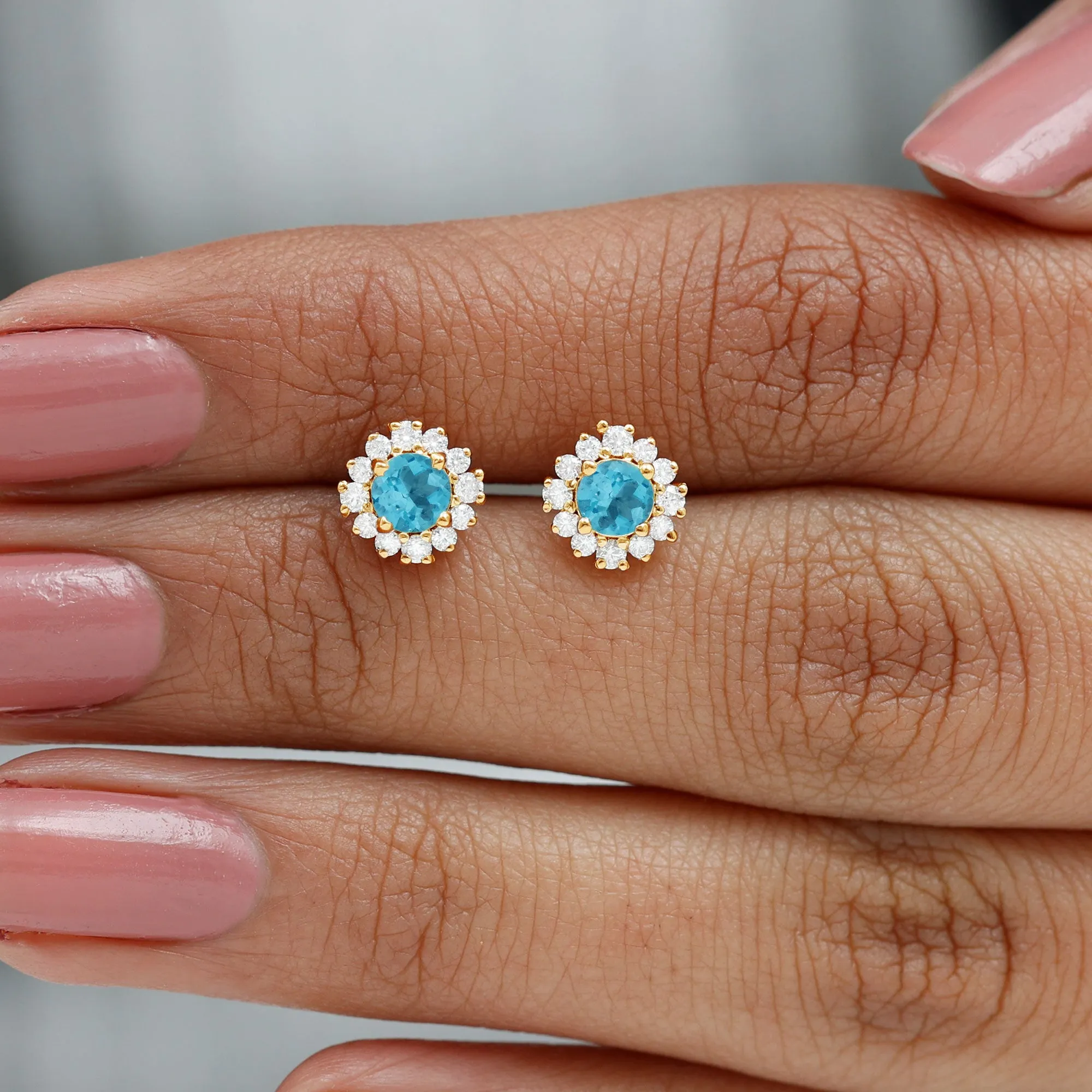 1 CT Aquamarine and Diamond Halo Stud Earrings