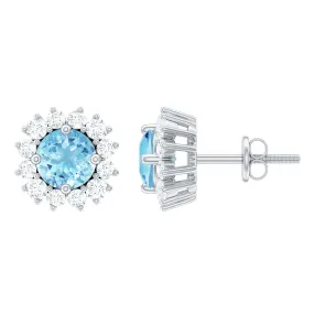 1 CT Aquamarine and Diamond Halo Stud Earrings