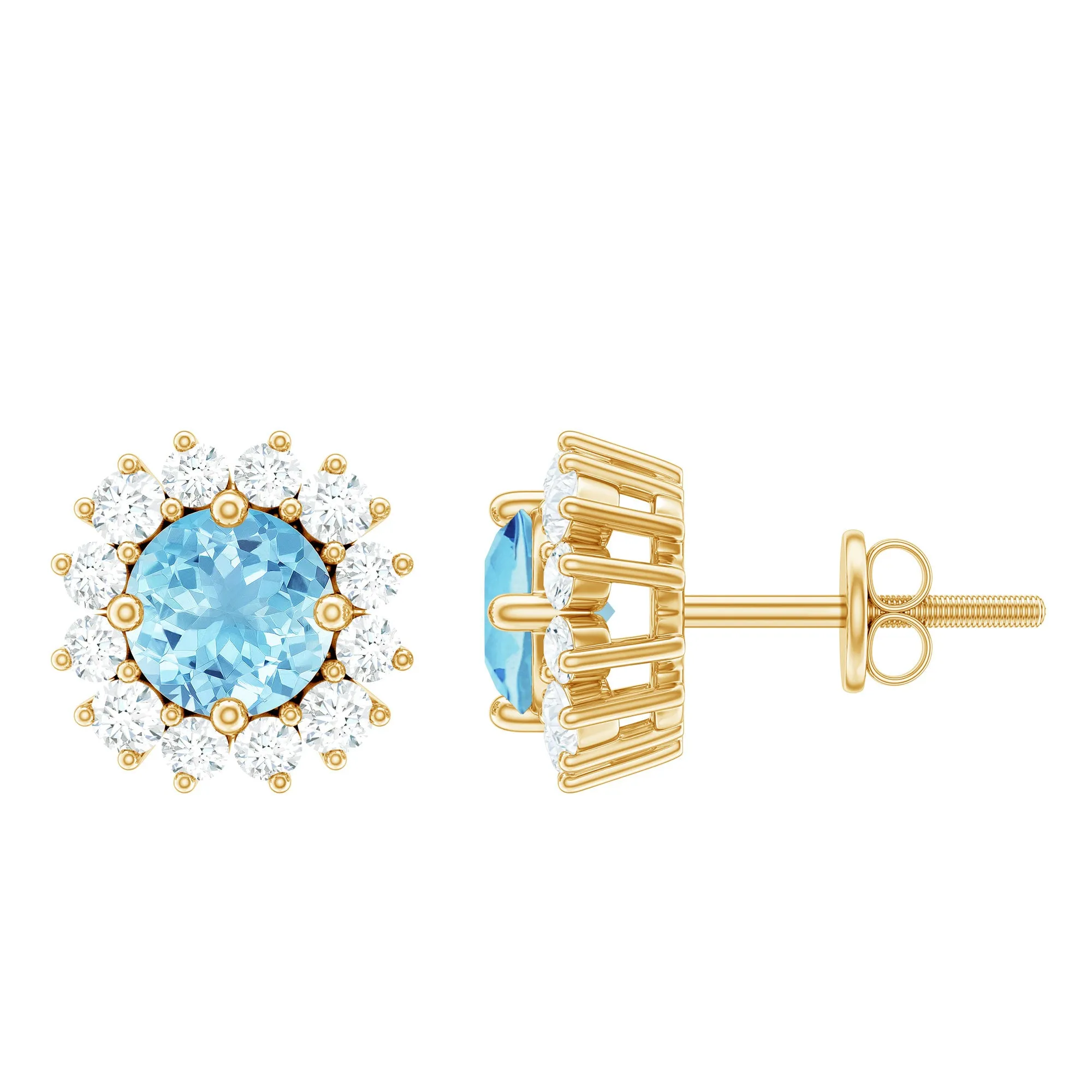 1 CT Aquamarine and Diamond Halo Stud Earrings