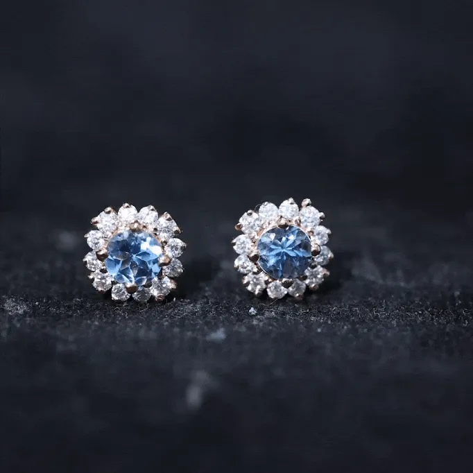 1 CT Aquamarine and Diamond Halo Stud Earrings