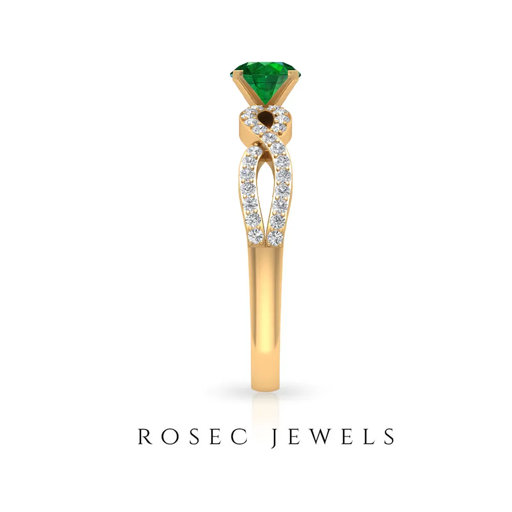 1 CT Created Emerald and Diamond Crossover Engagement Ring