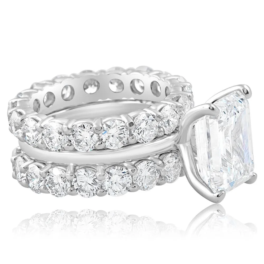 11Ct Emerald Cut Moissanite & Lab Grown Diamond Engagement Eternity 14k Ring Set