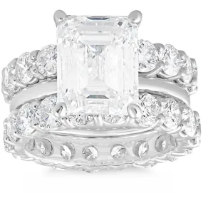 11Ct Emerald Cut Moissanite & Lab Grown Diamond Engagement Eternity 14k Ring Set