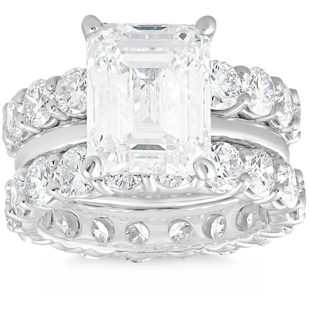 11Ct Emerald Cut Moissanite & Lab Grown Diamond Engagement Eternity 14k Ring Set