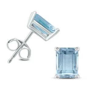 14K White Gold 6X4Mm Emerald Shaped Aquamarine Earrings
