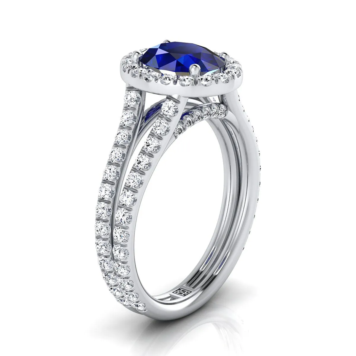 14K White Gold Oval Sapphire Halo Two Row Pavé Diamond Split Shank Engagement Ring -7/8ctw