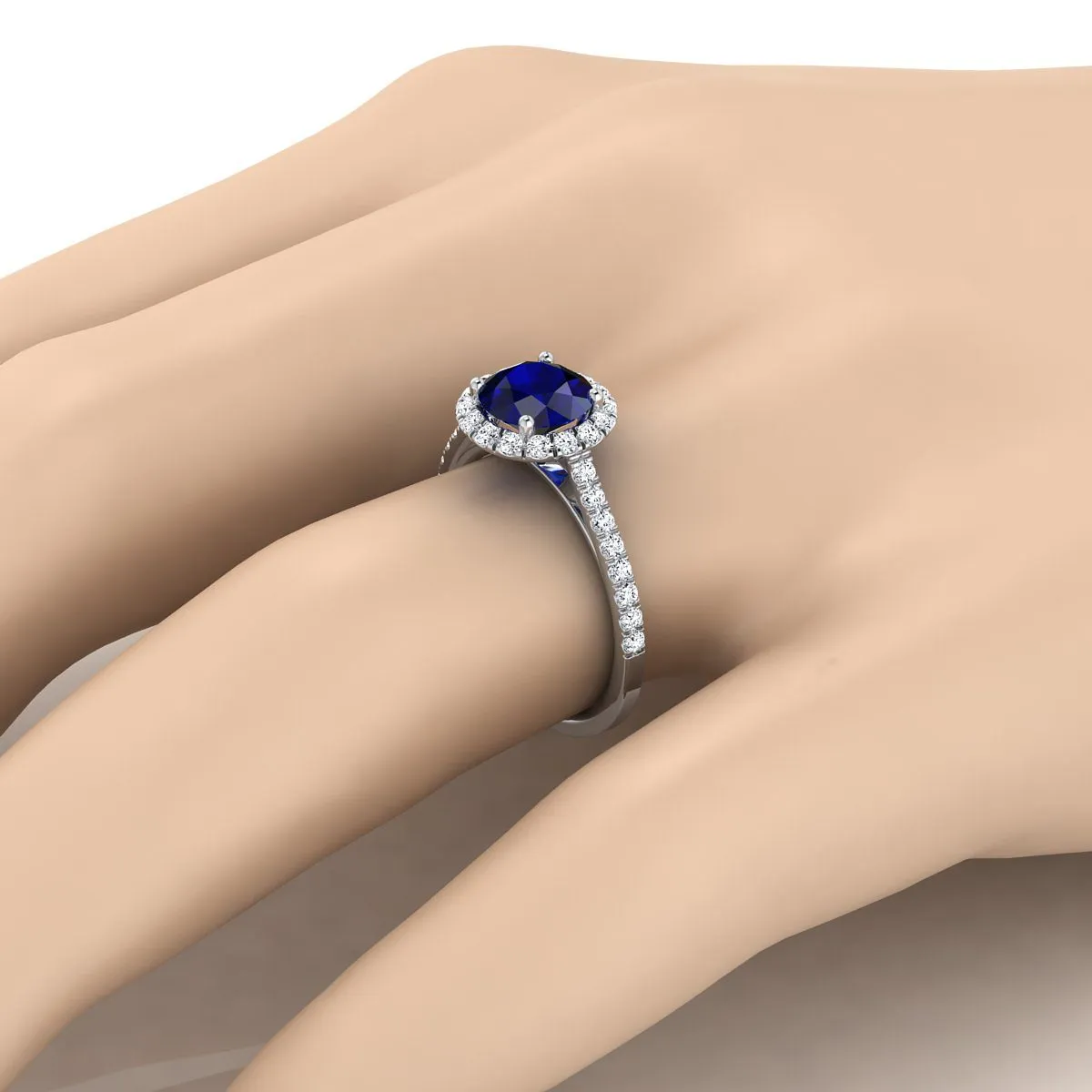 14K White Gold Round Brilliant Sapphire Petite Halo French Diamond Pave Engagement Ring -3/8ctw