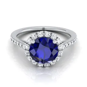 14K White Gold Round Brilliant Sapphire Petite Halo French Diamond Pave Engagement Ring -3/8ctw