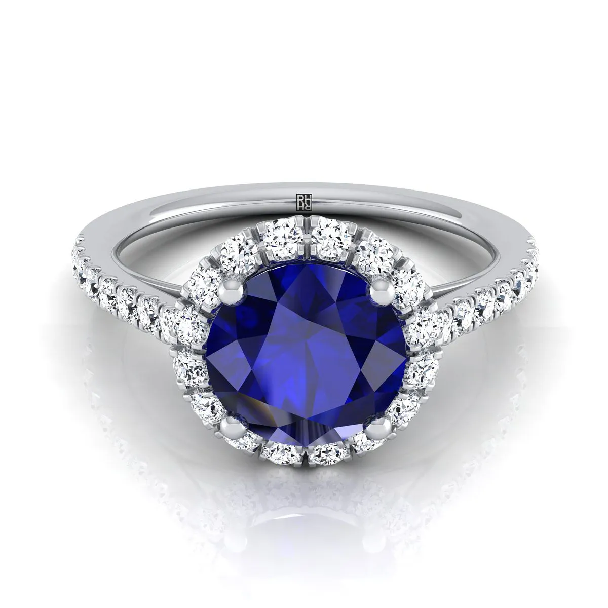 14K White Gold Round Brilliant Sapphire Petite Halo French Diamond Pave Engagement Ring -3/8ctw