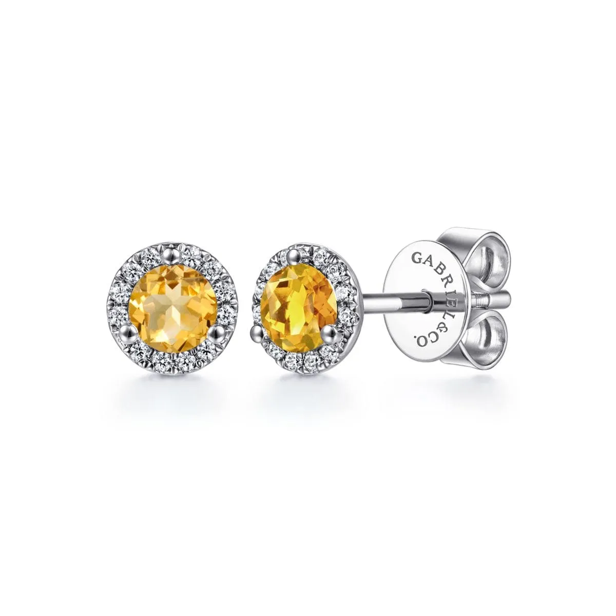 14K White Gold Round Halo Citrine and Diamond Stud Earrings - EG12372W45CT