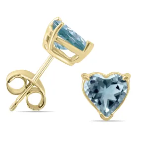 14K Yellow Gold 5Mm Heart Aquamarine Earrings