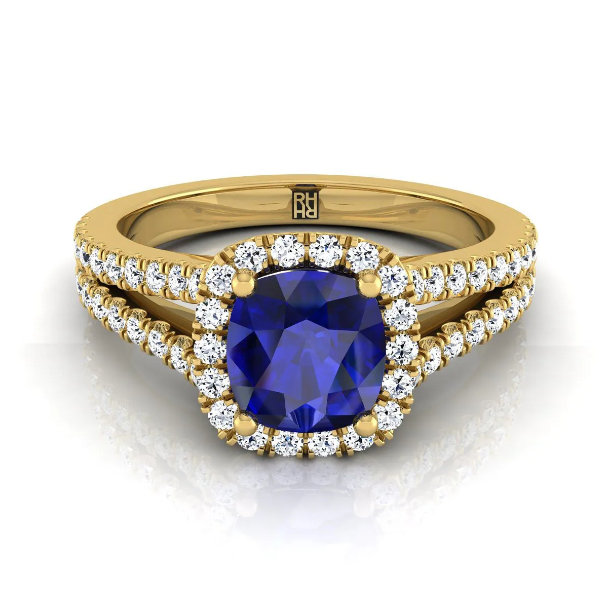 14K Yellow Gold Cushion Sapphire Halo Center with French Pave Split Shank Engagement Ring -3/8ctw