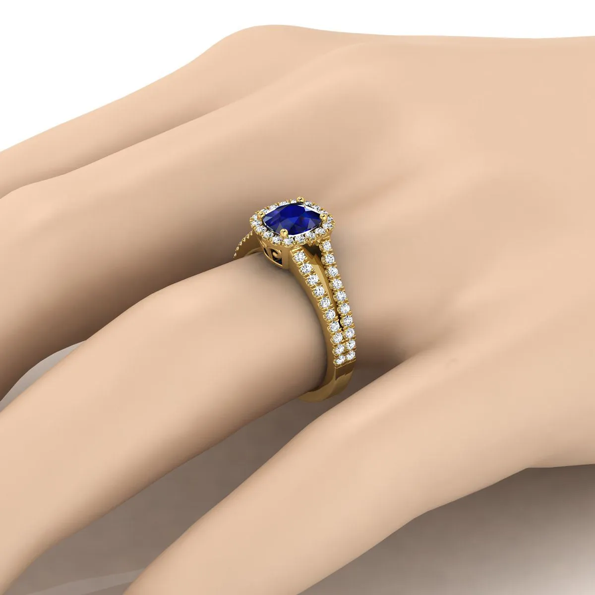 14K Yellow Gold Cushion Sapphire Halo Center with French Pave Split Shank Engagement Ring -3/8ctw