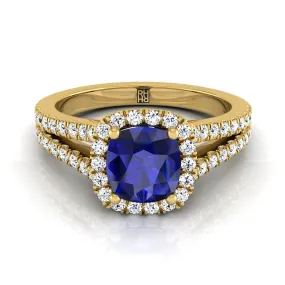 14K Yellow Gold Cushion Sapphire Halo Center with French Pave Split Shank Engagement Ring -3/8ctw