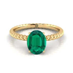 14K Yellow Gold Oval Emerald Twisted Rope Solitaire With Surprize Diamond Engagement Ring