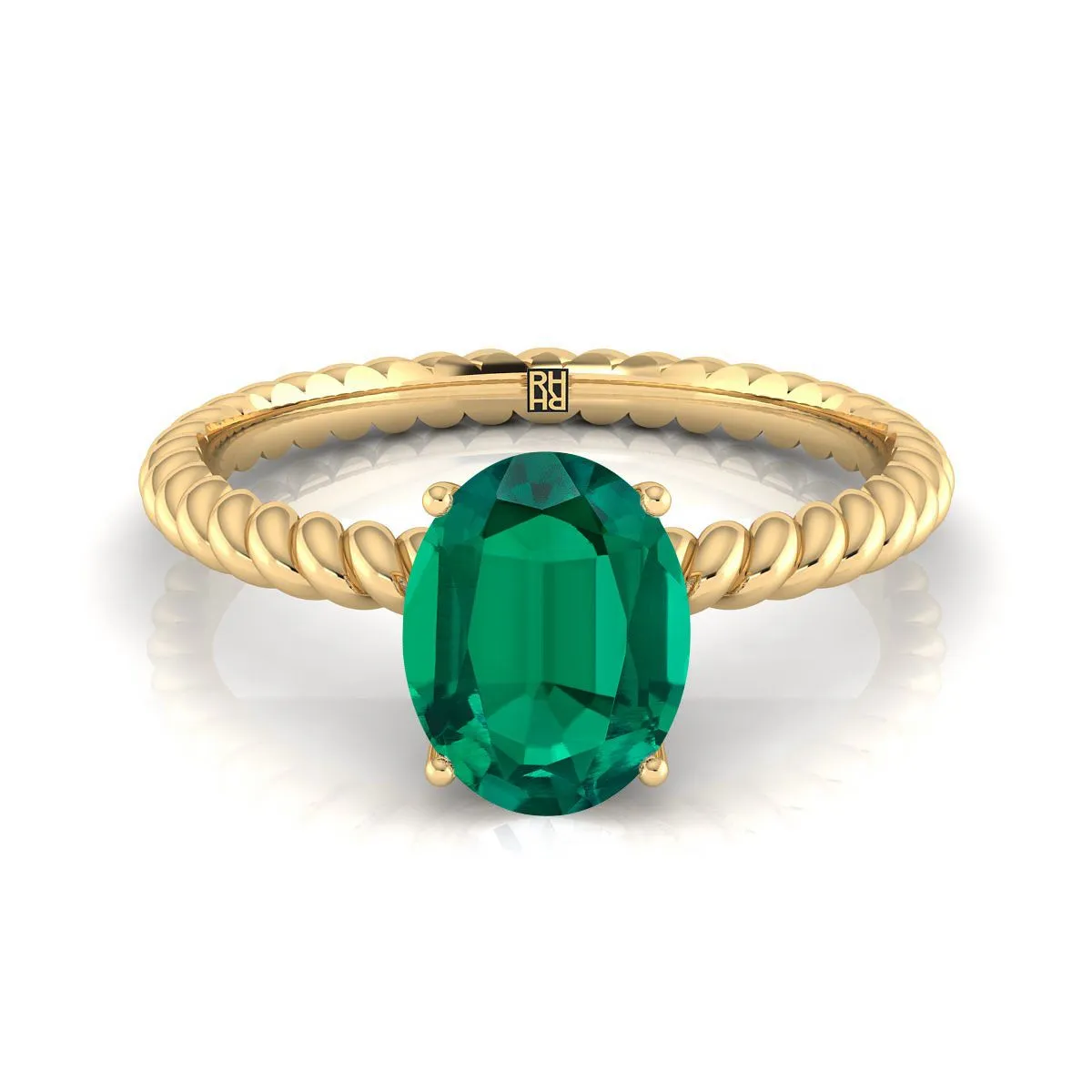 14K Yellow Gold Oval Emerald Twisted Rope Solitaire With Surprize Diamond Engagement Ring