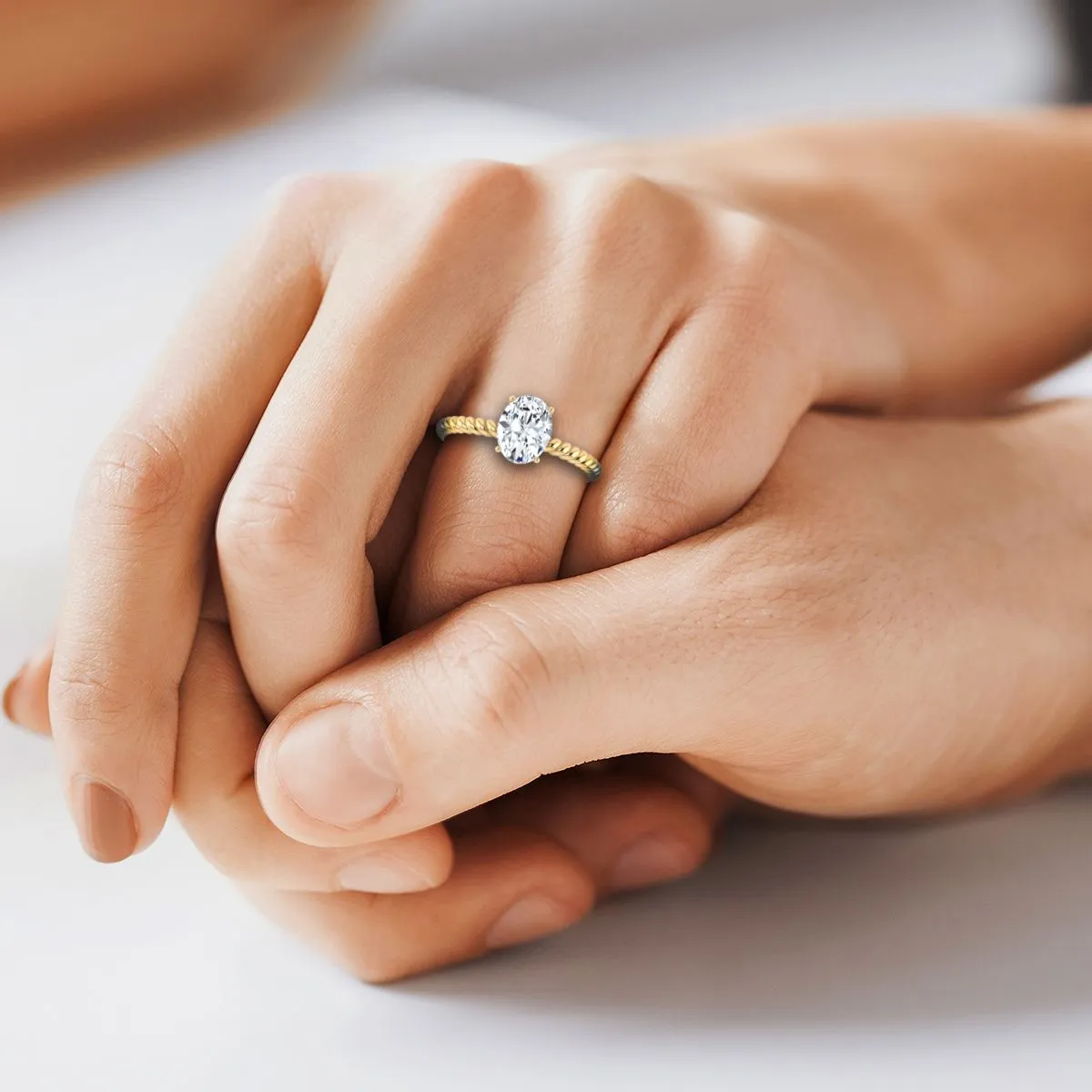 14K Yellow Gold Oval Emerald Twisted Rope Solitaire With Surprize Diamond Engagement Ring