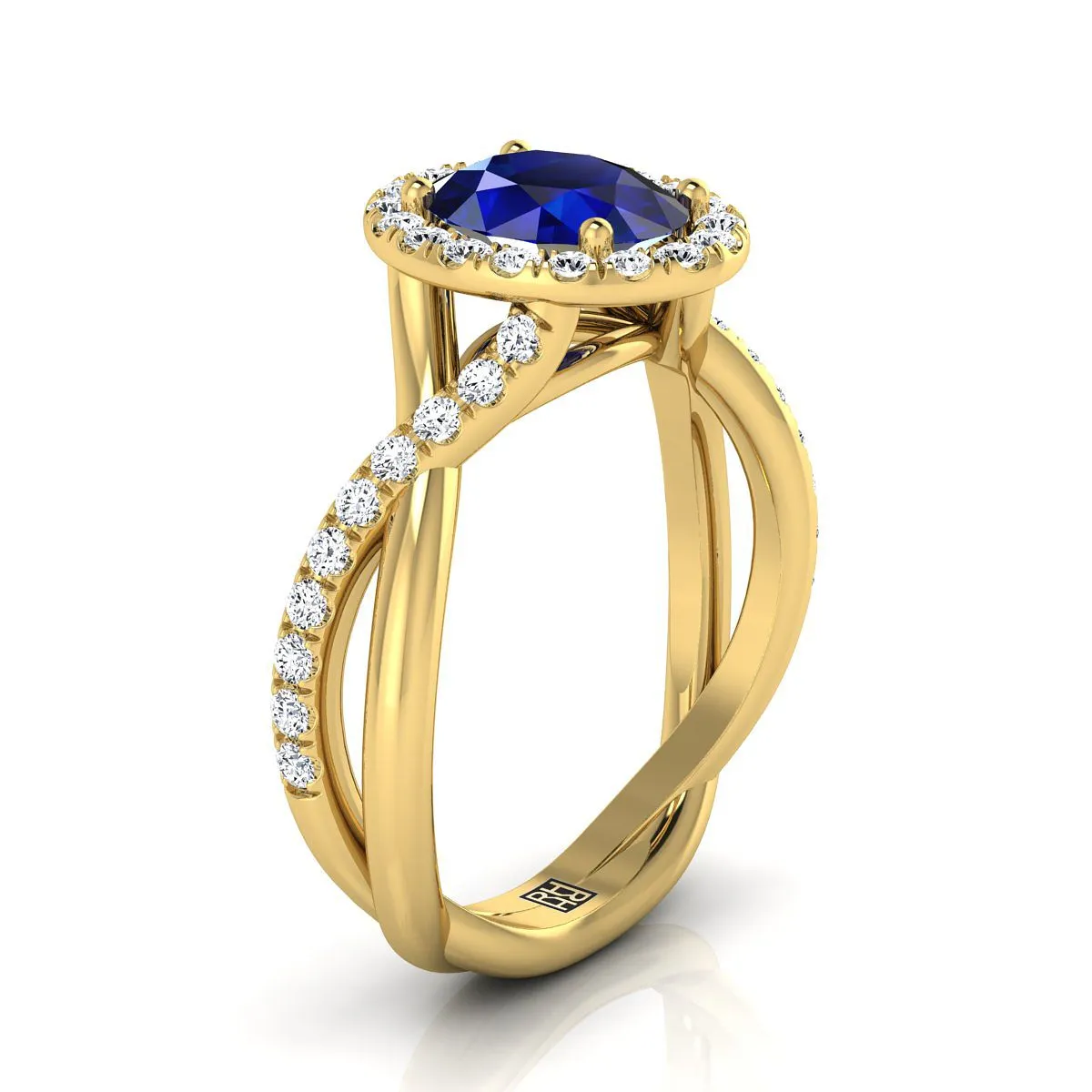 14K Yellow Gold Oval Sapphire Twisted Vine Diamond Halo Engagement Ring -1/2ctw