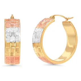 14k Yellow Gold Textured Tri-Tone Flat Hoops Wide Earrings with Latch Back- 3 Sizes