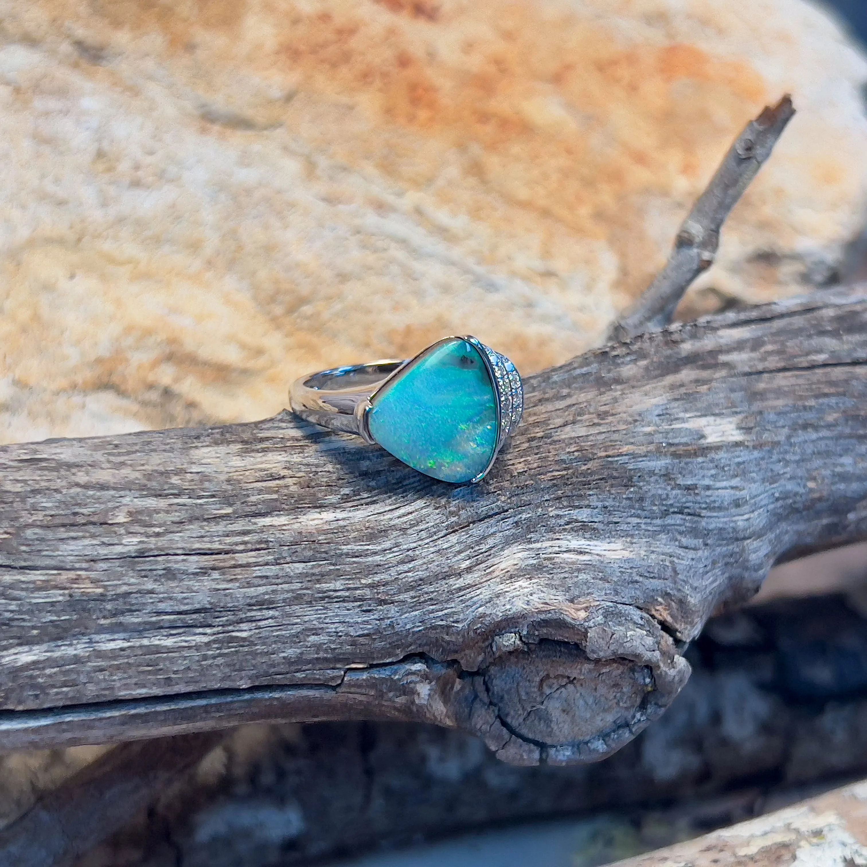 14kt White Gold Boulder Opal 3.9ct and diamond ring