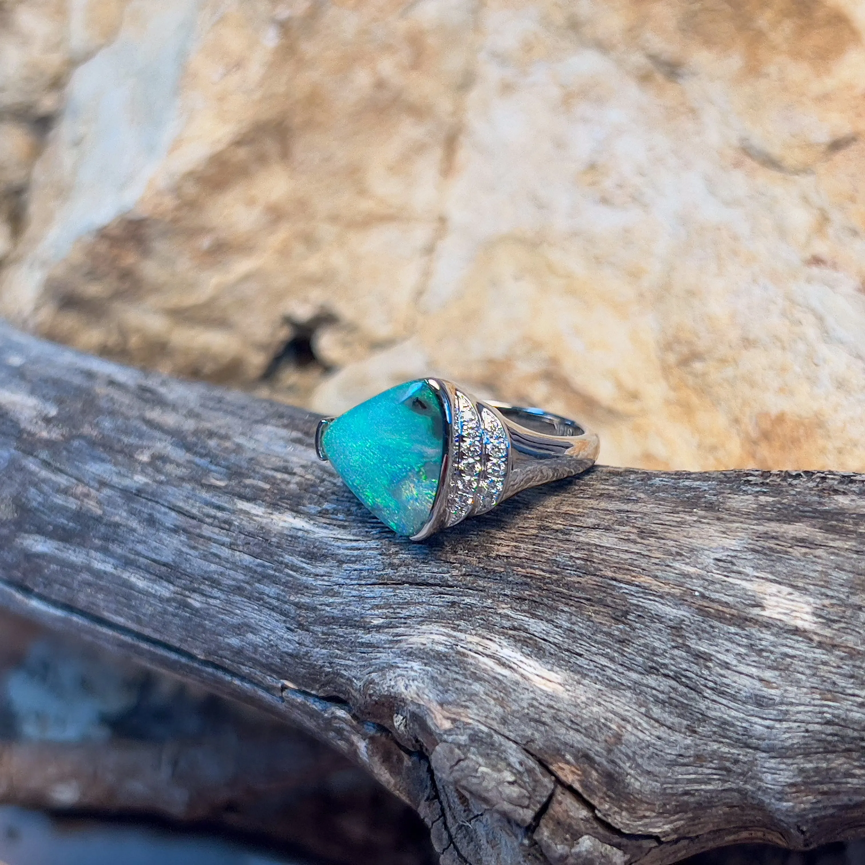 14kt White Gold Boulder Opal 3.9ct and diamond ring