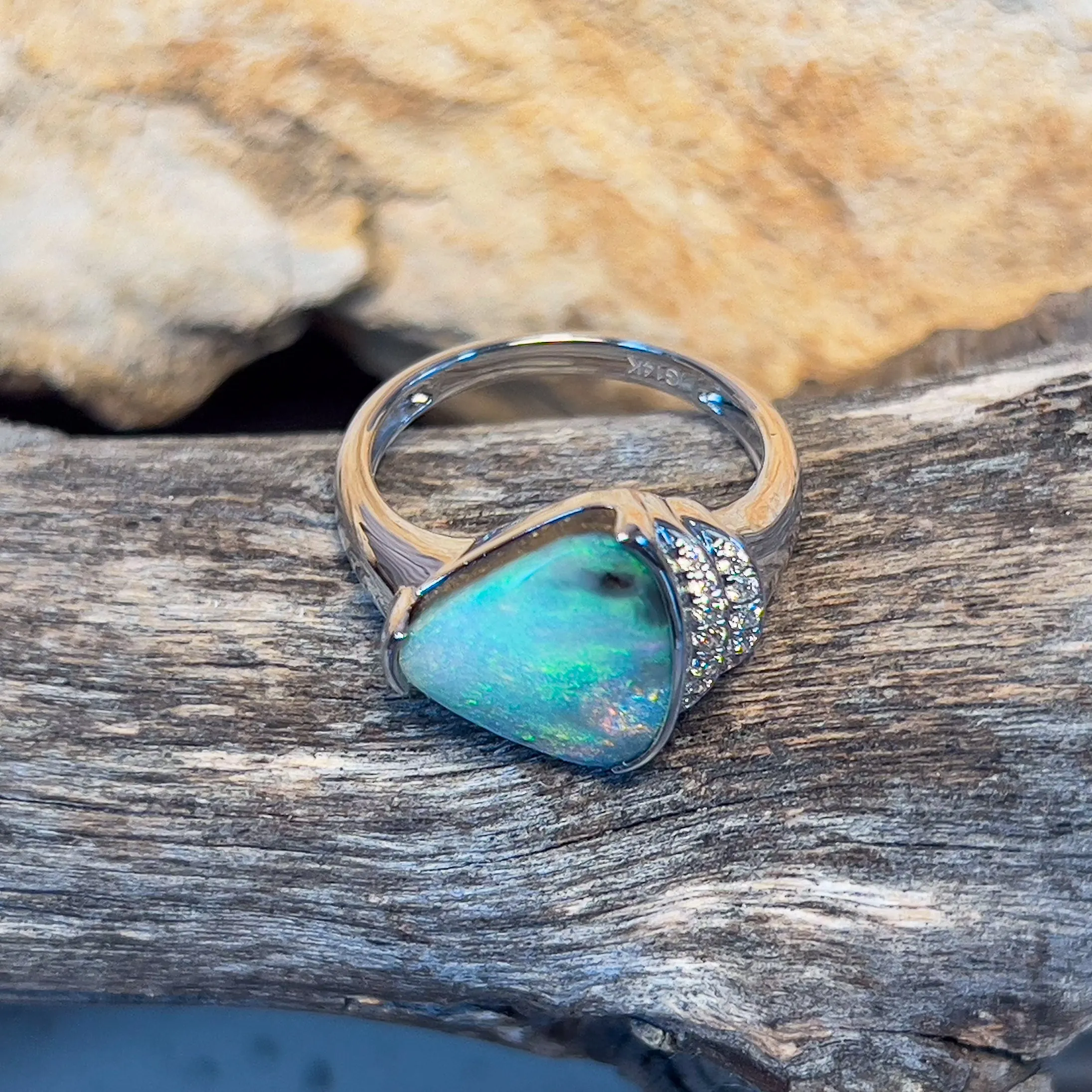 14kt White Gold Boulder Opal 3.9ct and diamond ring