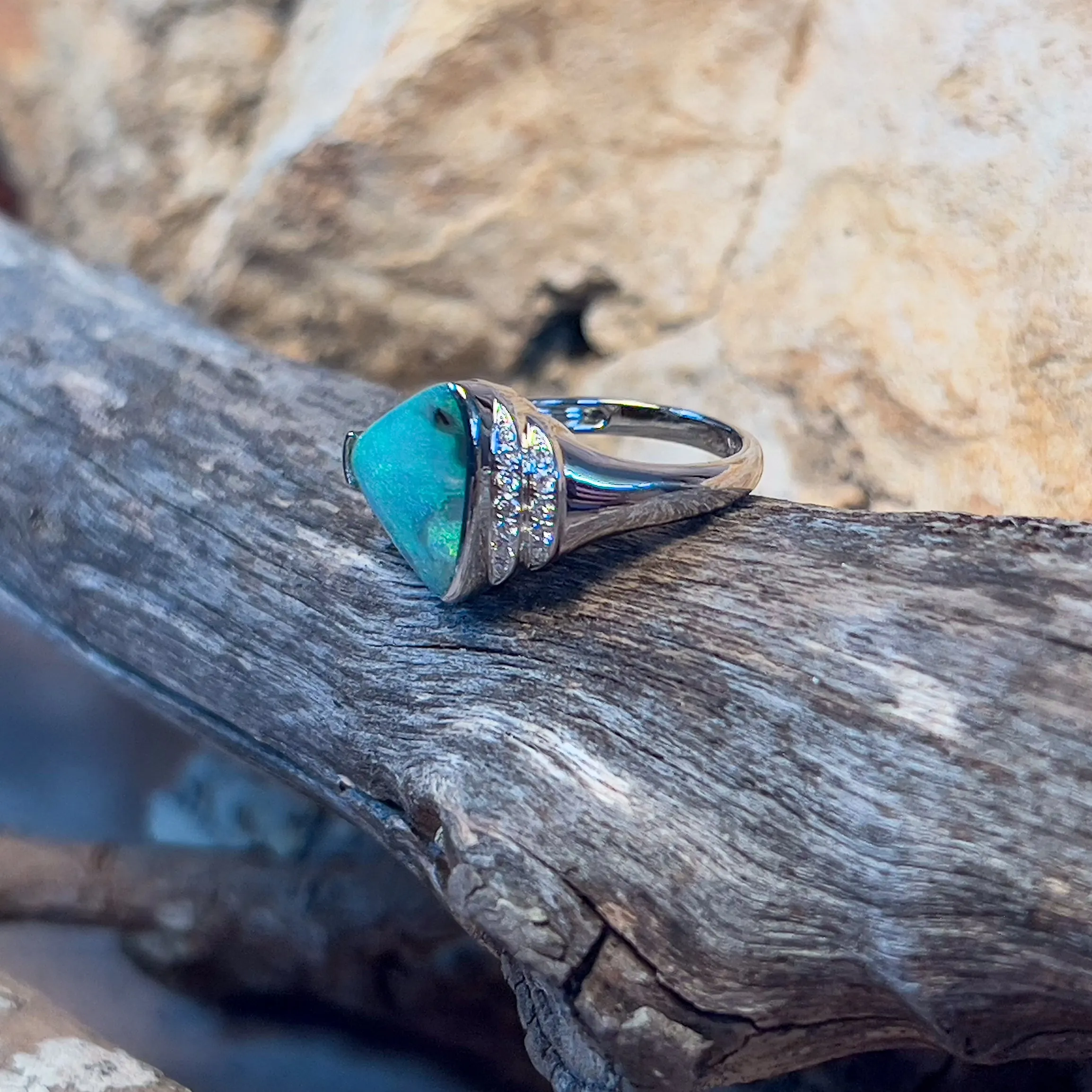 14kt White Gold Boulder Opal 3.9ct and diamond ring