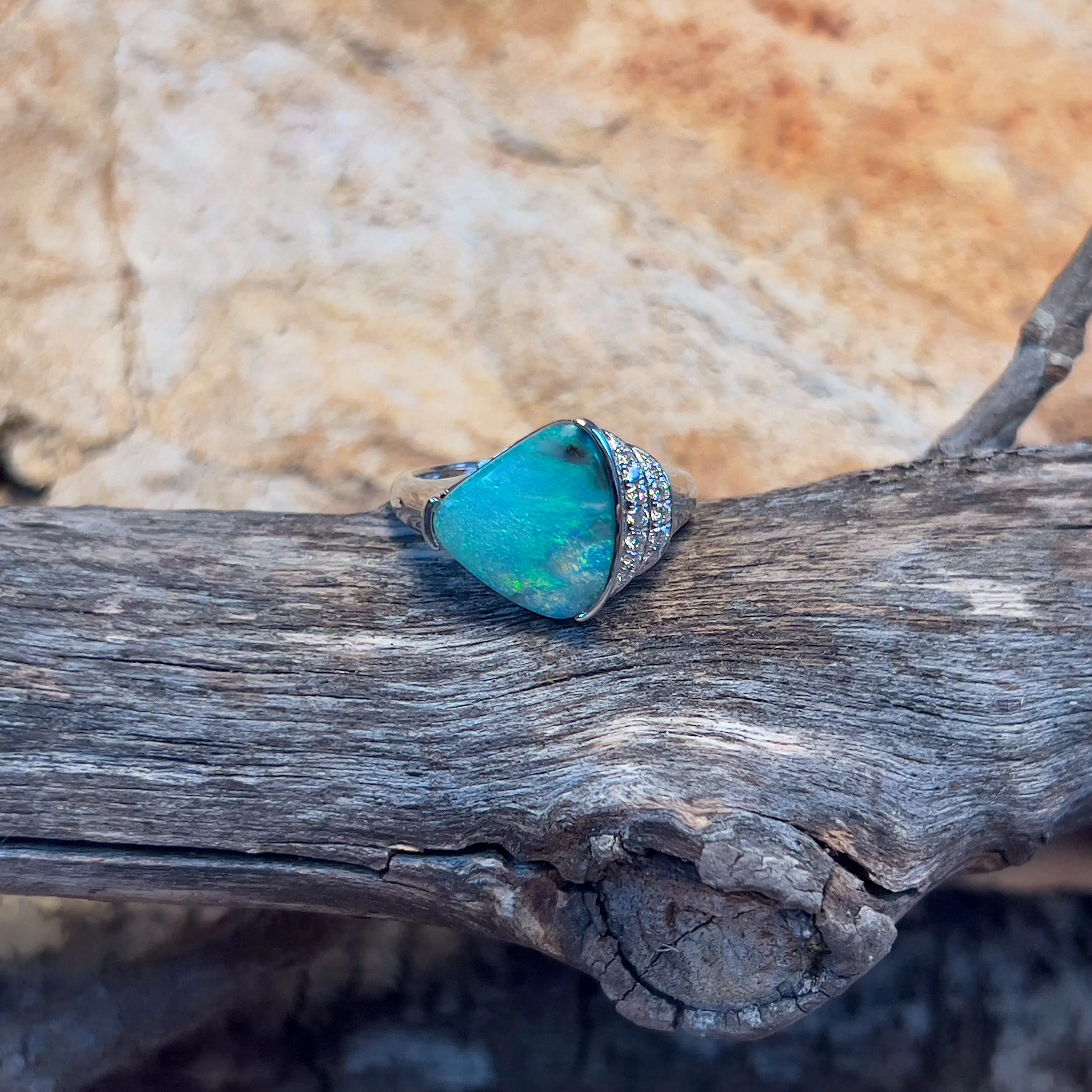 14kt White Gold Boulder Opal 3.9ct and diamond ring