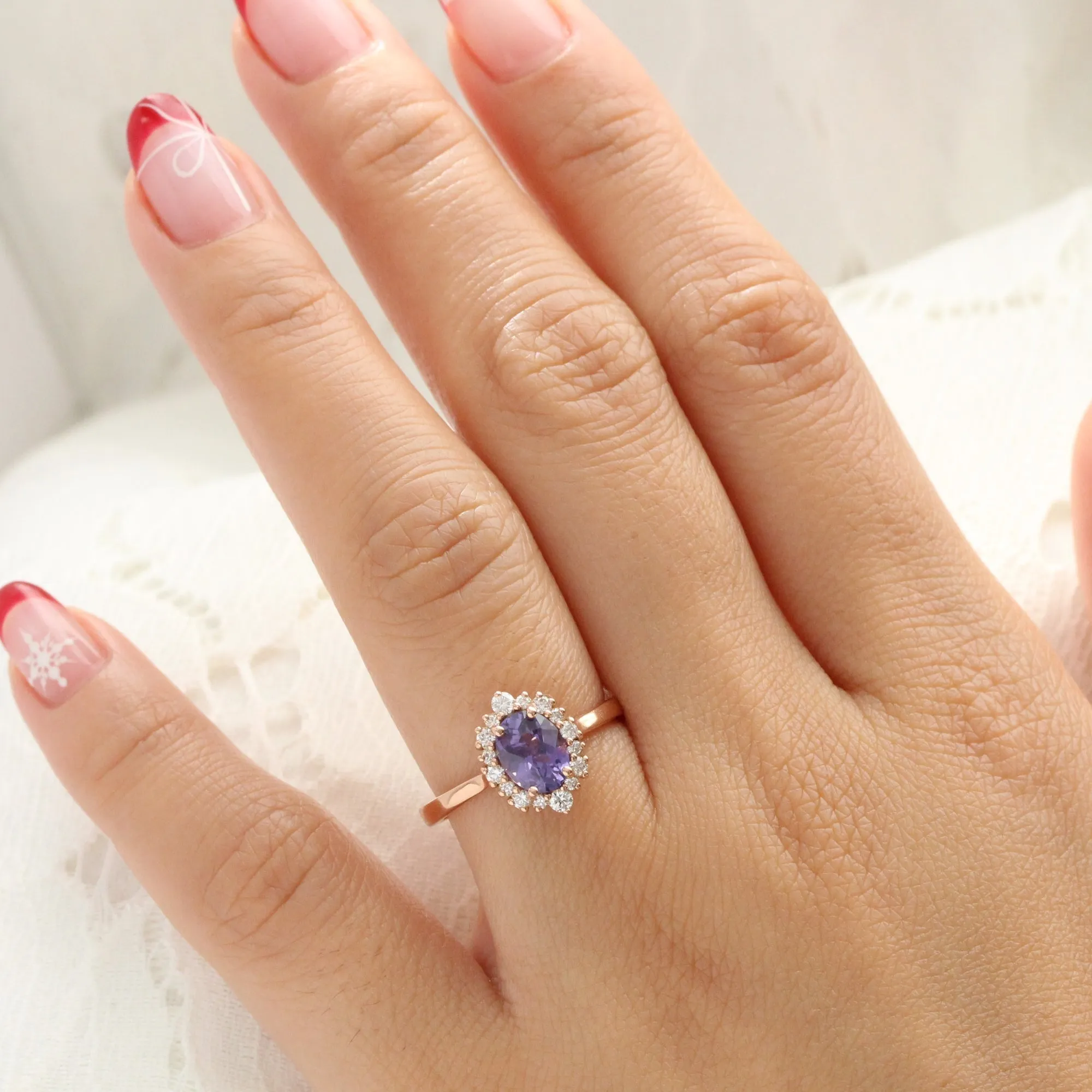 1.52 Ct Oval Purple Sapphire Ring in 14k Rose Gold Tiara Halo Diamond, Size 6.75