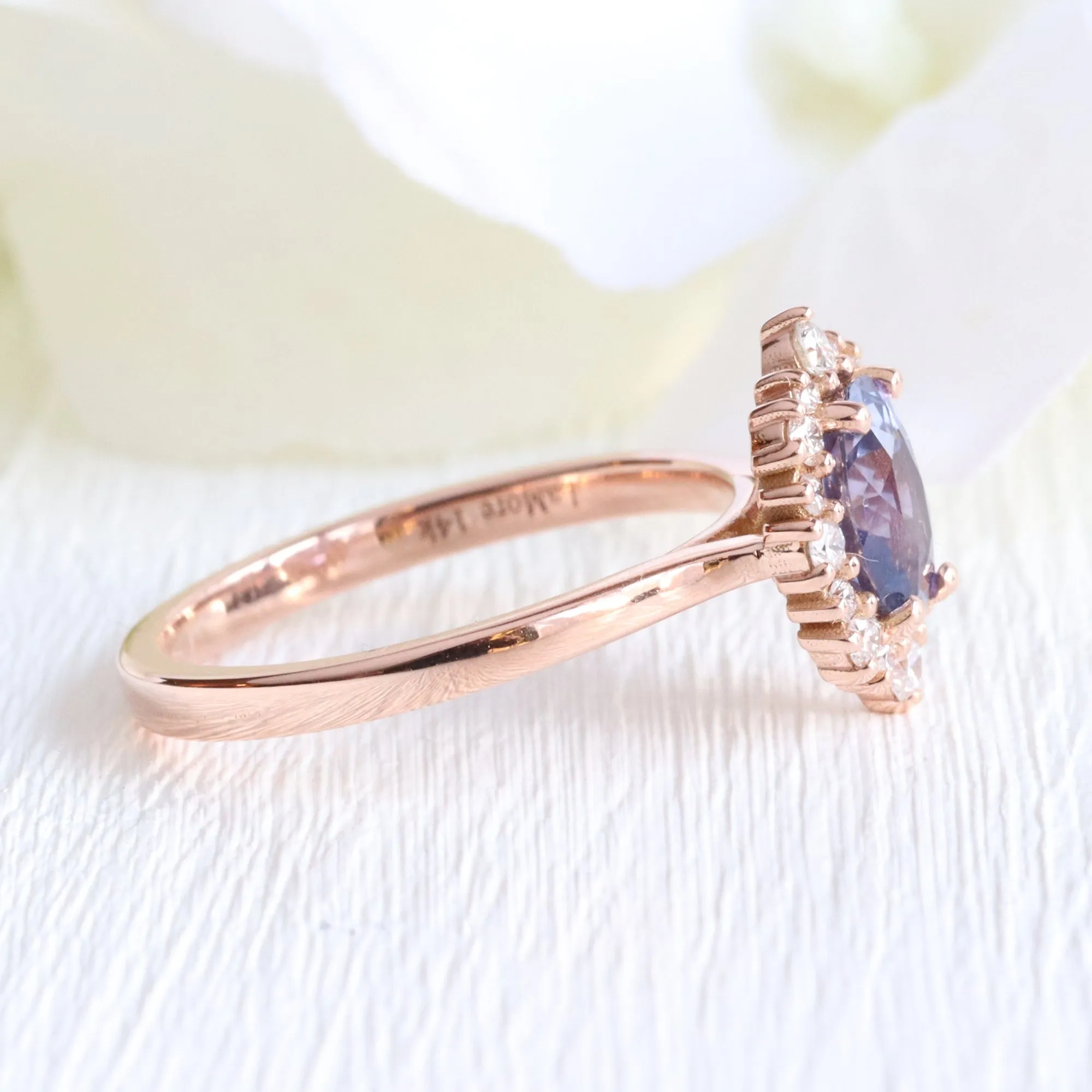 1.52 Ct Oval Purple Sapphire Ring in 14k Rose Gold Tiara Halo Diamond, Size 6.75
