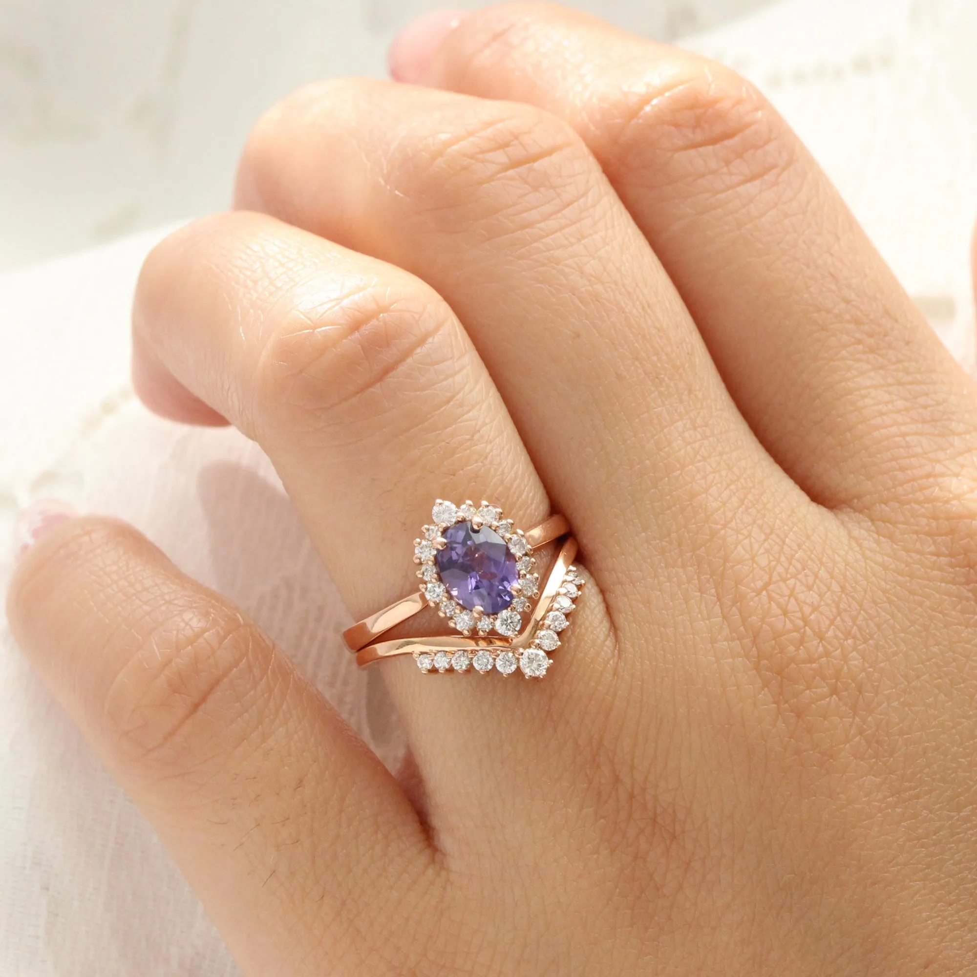1.52 Ct Oval Purple Sapphire Ring in 14k Rose Gold Tiara Halo Diamond, Size 6.75