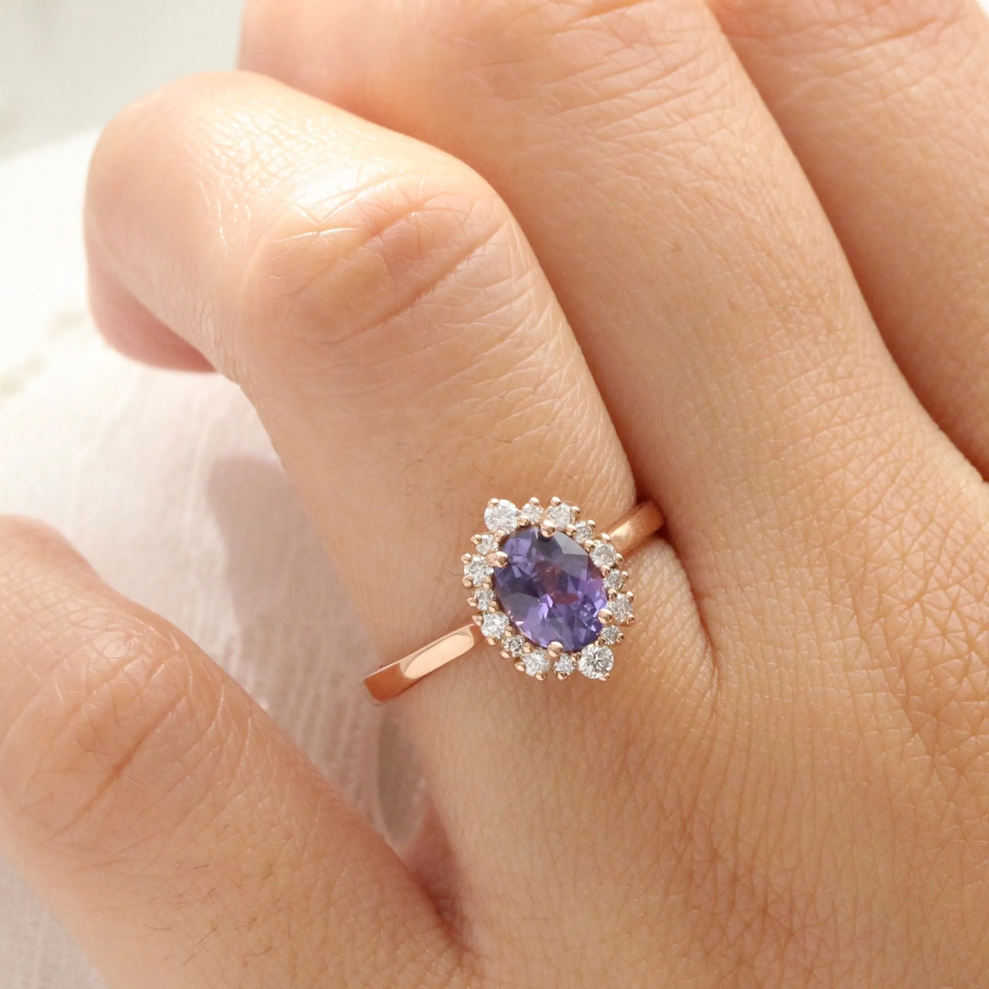 1.52 Ct Oval Purple Sapphire Ring in 14k Rose Gold Tiara Halo Diamond, Size 6.75