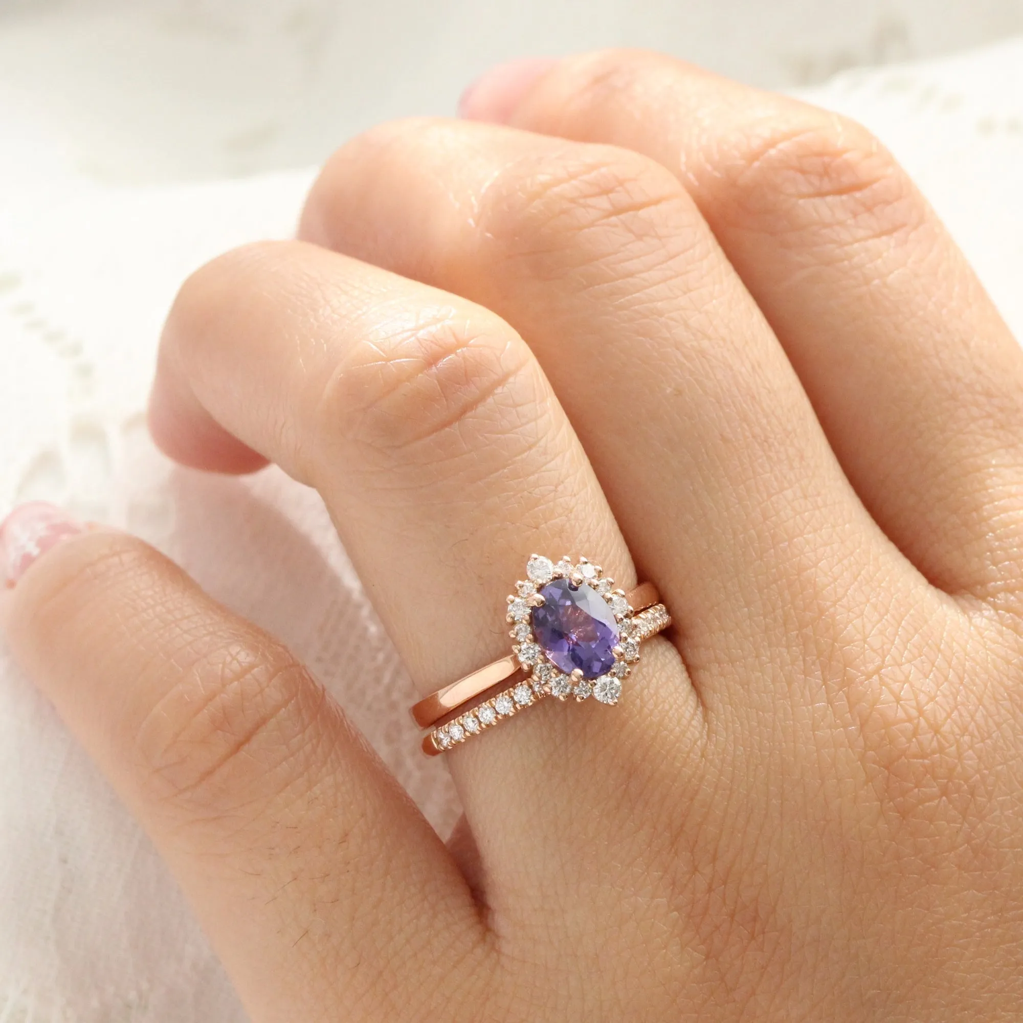 1.52 Ct Oval Purple Sapphire Ring in 14k Rose Gold Tiara Halo Diamond, Size 6.75