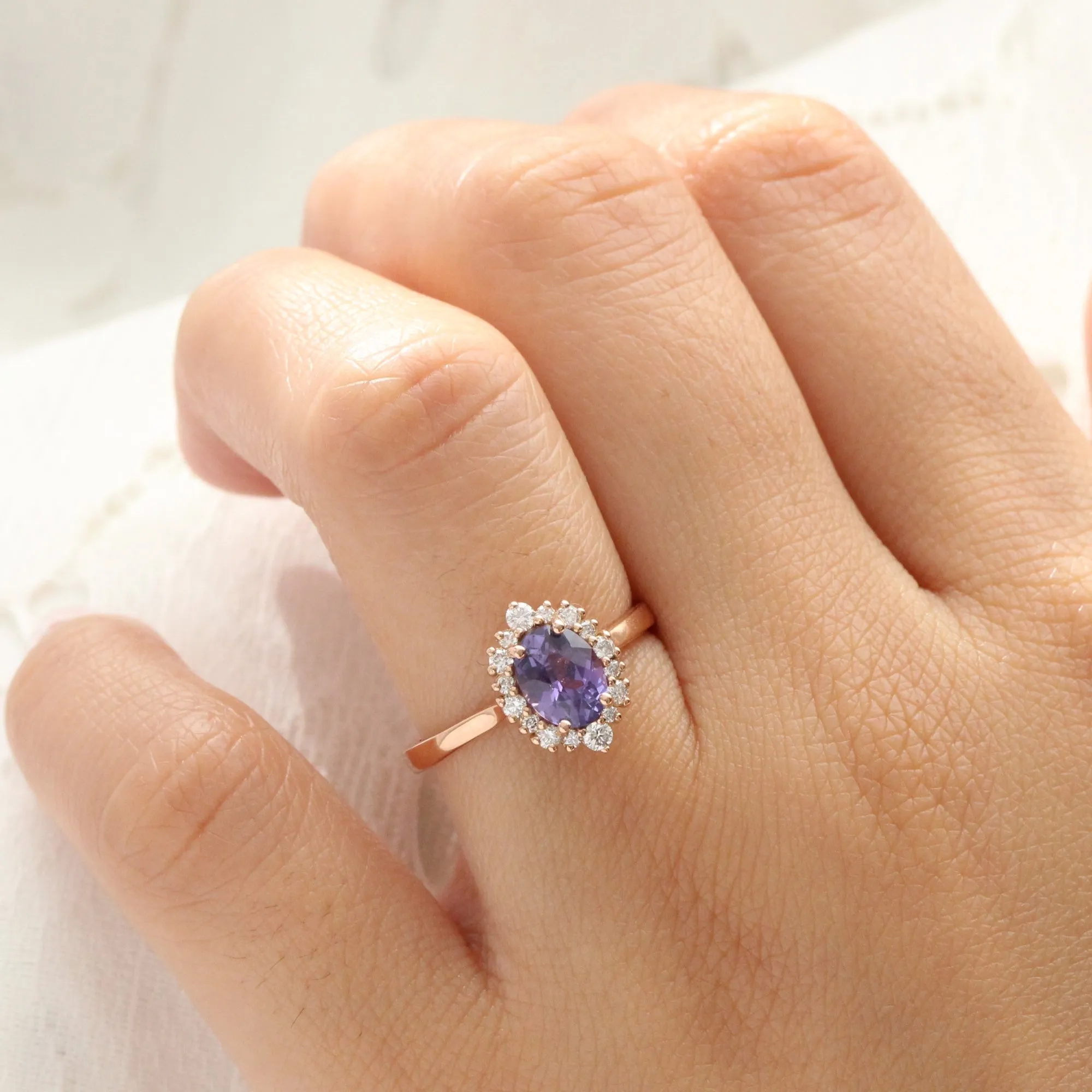 1.52 Ct Oval Purple Sapphire Ring in 14k Rose Gold Tiara Halo Diamond, Size 6.75