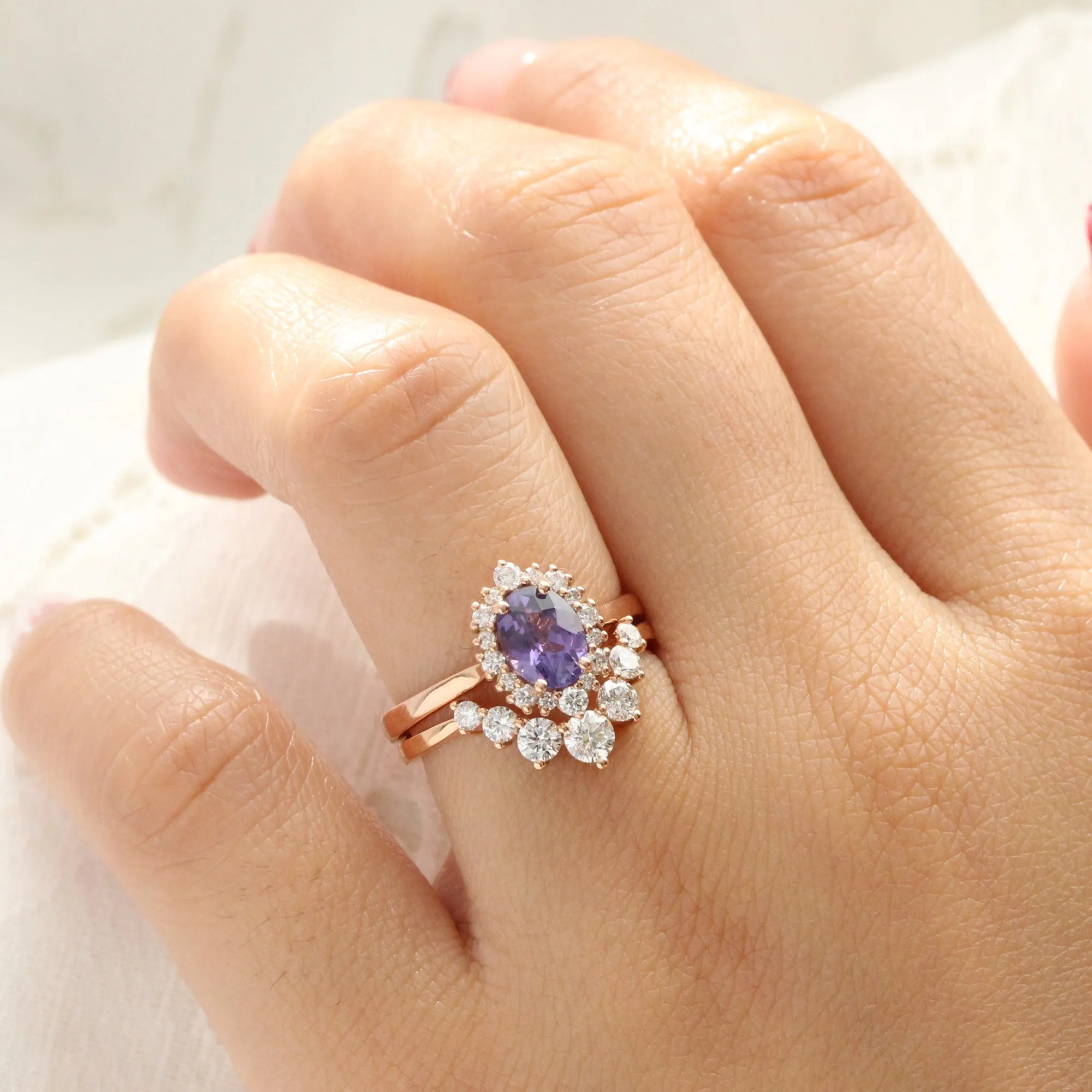 1.52 Ct Oval Purple Sapphire Ring in 14k Rose Gold Tiara Halo Diamond, Size 6.75