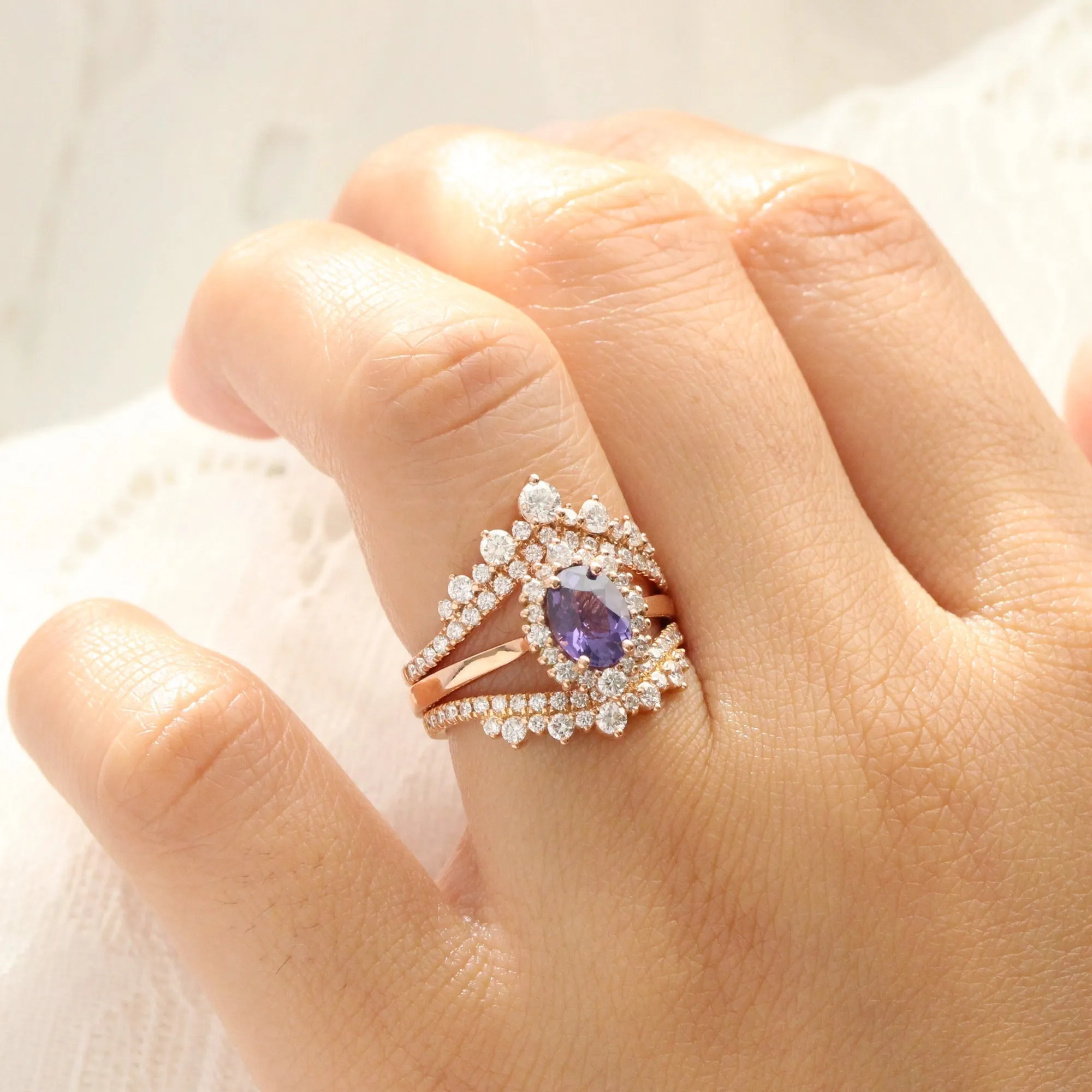 1.52 Ct Oval Purple Sapphire Ring in 14k Rose Gold Tiara Halo Diamond, Size 6.75