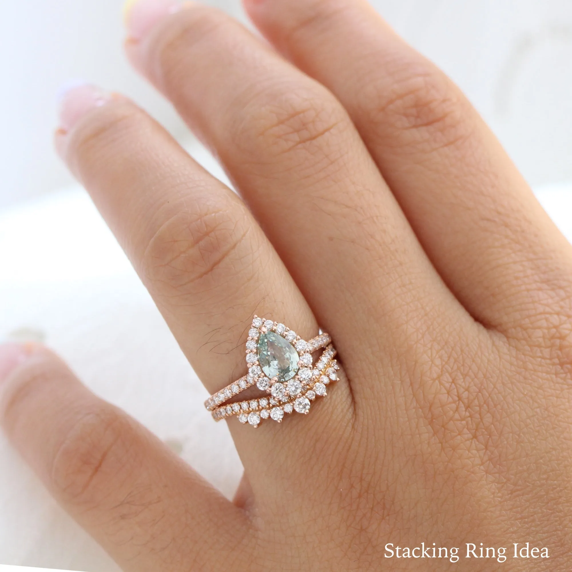 1.54 Ct Sea-Foam Green Sapphire Ring in 14k Rose Gold Tiara Halo Diamond, Size 6.25