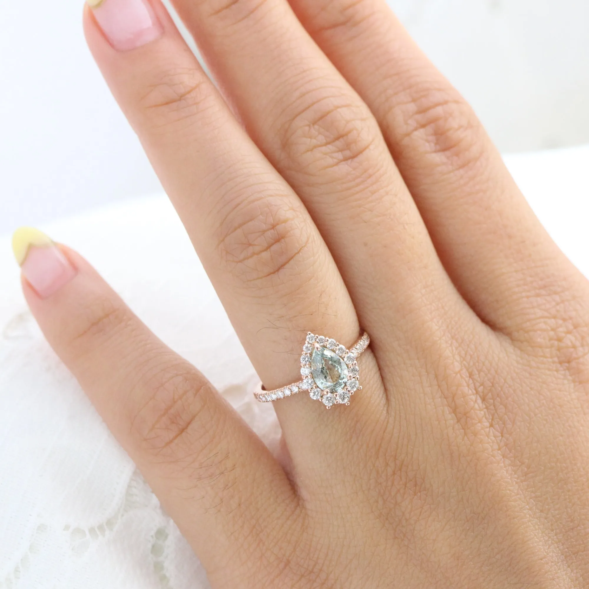 1.54 Ct Sea-Foam Green Sapphire Ring in 14k Rose Gold Tiara Halo Diamond, Size 6.25