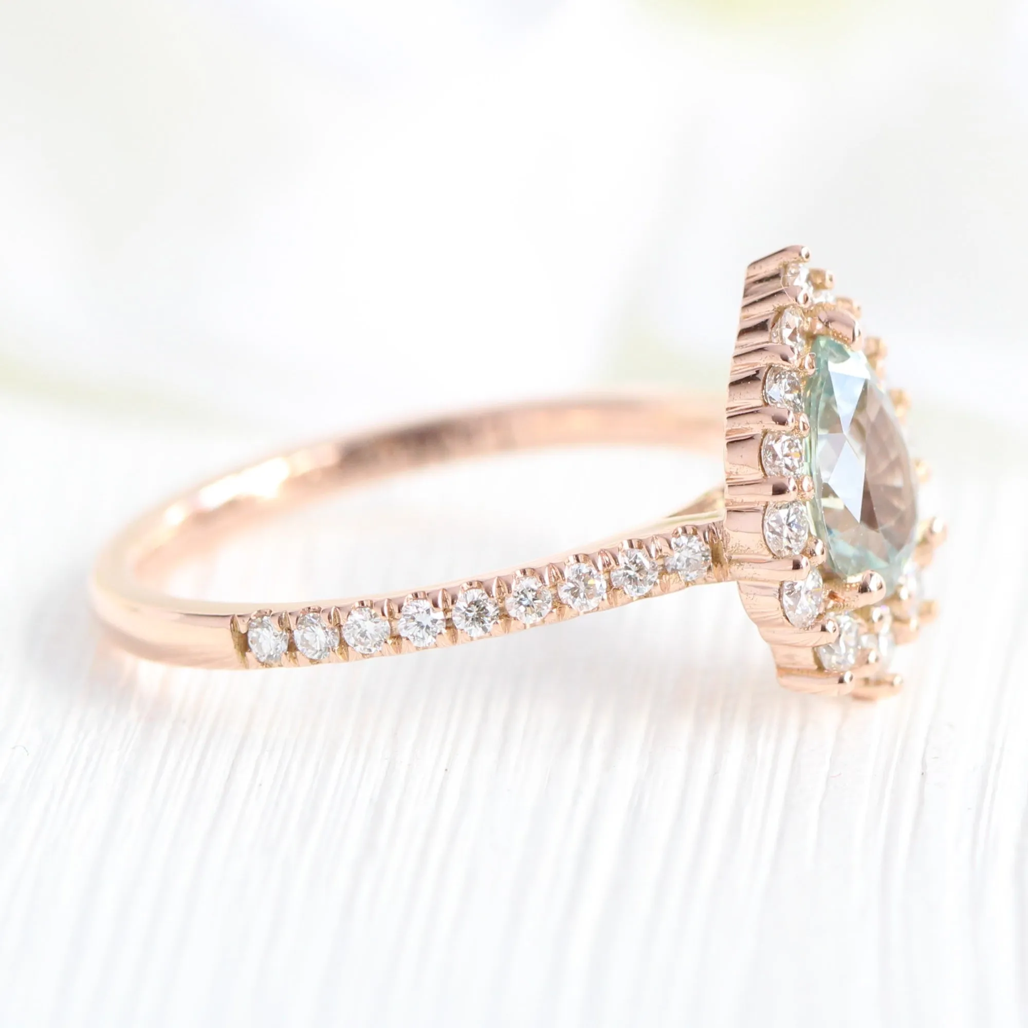1.54 Ct Sea-Foam Green Sapphire Ring in 14k Rose Gold Tiara Halo Diamond, Size 6.25